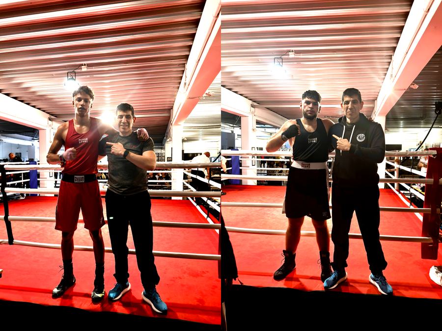 Trainer Ahmet Özcorapci mit Max Auguste und Yusuf Demiroglu nach ihren Siegen bei den AoB Gym Fights, Boxring Wetterau